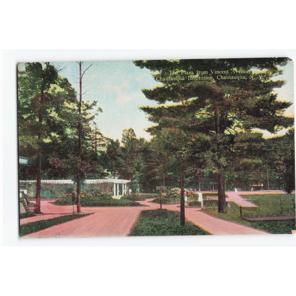 Vintage Chautauqua Institution NY Postcard The Plaza from Vincent Avenue VG